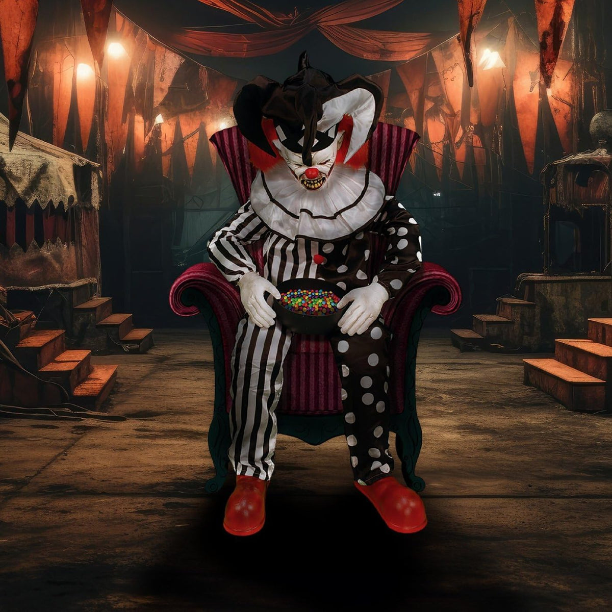 Clown seated in a haunted circus tent